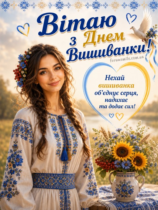 Вітальна листівка з Днем вишиванки: дівчина у вишиванці
