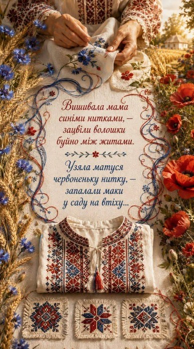 Патріотична листівка з віршем про вишиванку та квіти