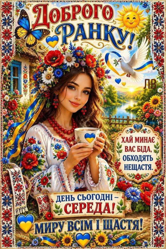 Листівка Доброго ранку у середу: патріотична, з квітами