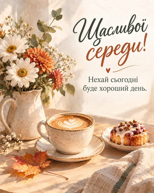 Затишна ранкова листівка з чашкою кави, букетом квітів та булочкою з написом Щасливої середи