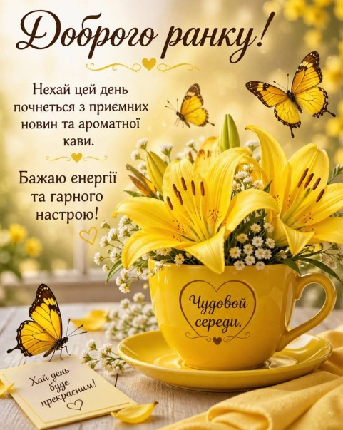 Яскрава листівка чудової середи - з квітами, метеликами та побажанням прекрасного дня. 