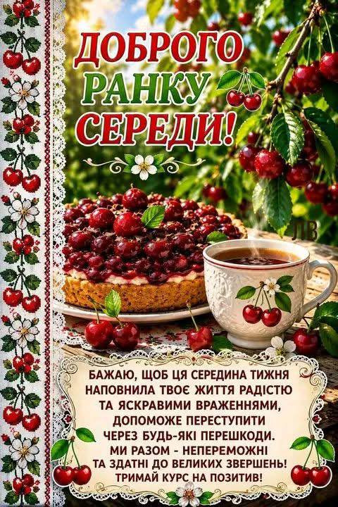 Листівка Доброго ранку середи з вишневим пирогом