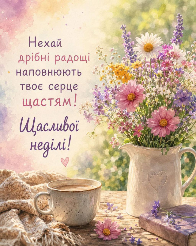 Листівка Щасливої неділі з квітами та кавою | Гарні побажання