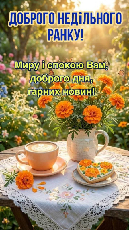 Листівка Доброго недільного ранку: квіти та кава