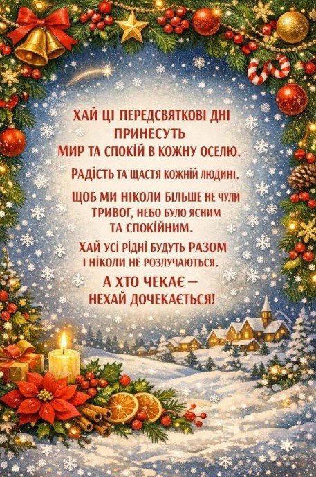 Хай ці передсвяткові дні принесуть мир та спокій в кожну оселю