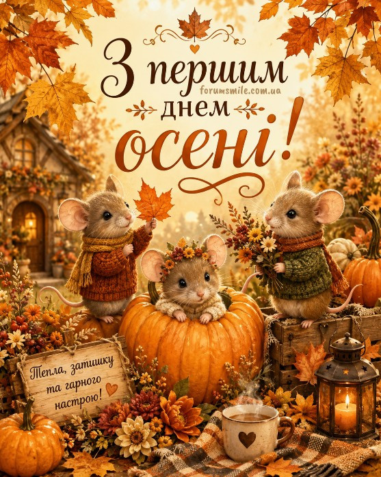 Три милі мишенята в затишних светрах сидять серед гарбузів та осіннього листя, вітальна листівка з першим днем осені