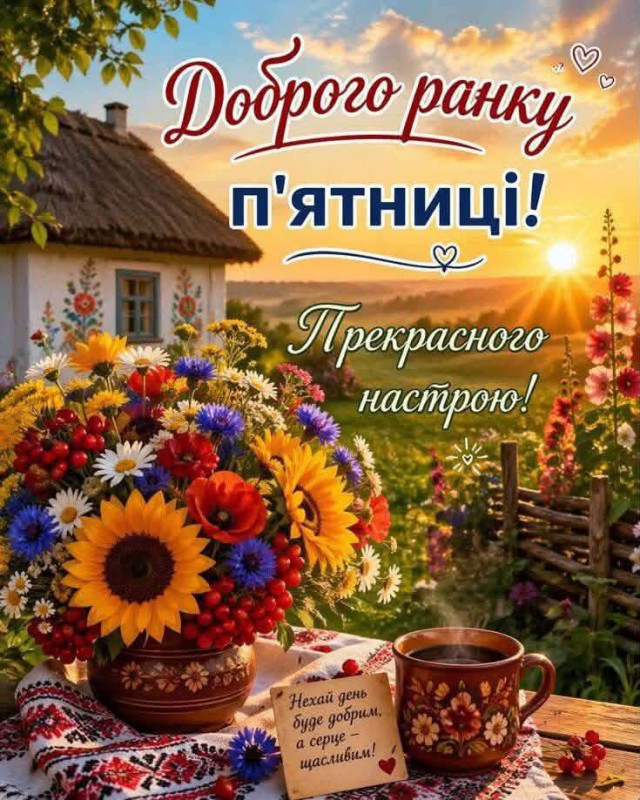 Листівка Доброго ранку п'ятниці: квіти та затишний ранок