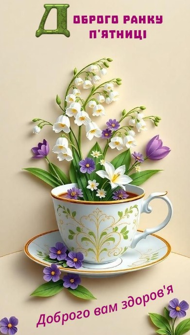 Біла чашка з ніжними конваліями та фіолетовими квітами на фоні, напис Доброго ранку п