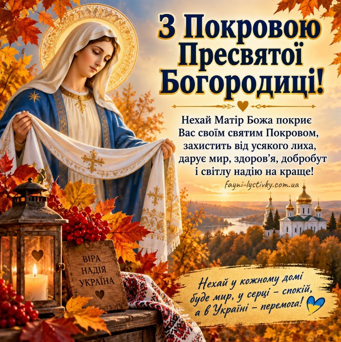 Листівка на свято Покрови Пресвятої Богородиці з образом Діви Марії, осіннім листям