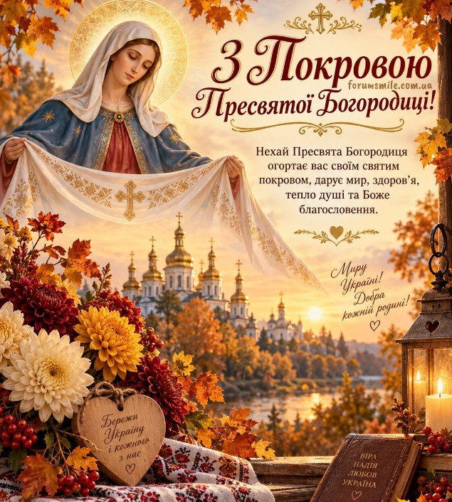 Листівка з Покровою Пресвятої Богородиці, зображення Діви Марії з омофором над українським храмом та осінніми квітами.