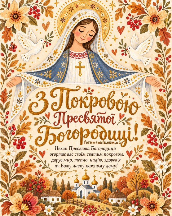 Листівка до свята Покрови Пресвятої Богородиці з образом Діви Марії, білими голубами та осінніми квітами.