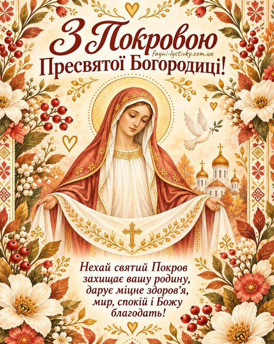 Листівка на свято Покрови з зображенням Діви Марії, що тримає омофор, прикрашена осінніми квітами та калиною.