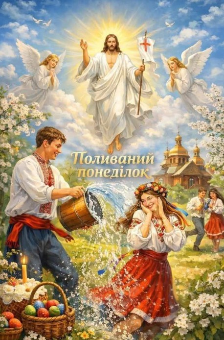 Листівка з Великоднем: Поливаний понеділок в українському стилі