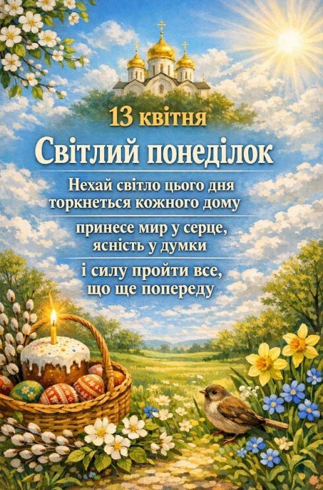 Листівка Світлий понеділок: привітання з Великоднем