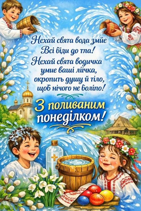 Листівка з Великоднім поливаним понеділком — привітання
