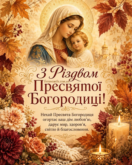 Святкова листівка з Різдвом Пресвятої Богородиці, зображення Діви Марії з немовлям, осінні квіти та запалені свічки