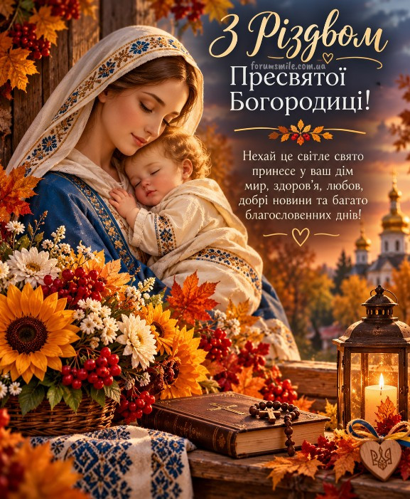 Матір Божа з немовлям на фоні осіннього пейзажу, свічка та Біблія, вітальна листівка на Різдво Пресвятої Богородиці