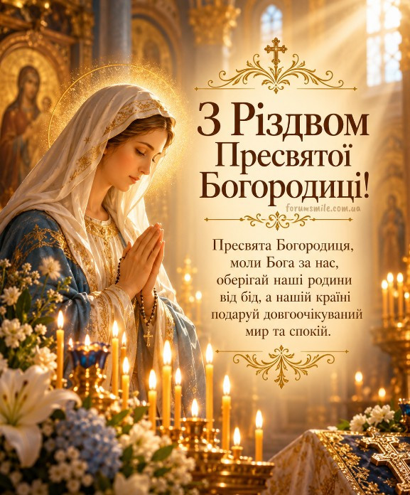 Листівка до свята Різдва Пресвятої Богородиці, красиве привітання