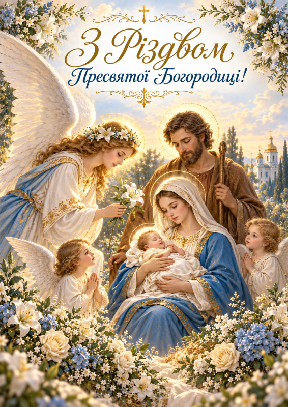 Святкова листівка до Різдва Пресвятої Богородиці із зображенням Діви Марії з немовлям, святого Йосипа, ангелів та білих лілій