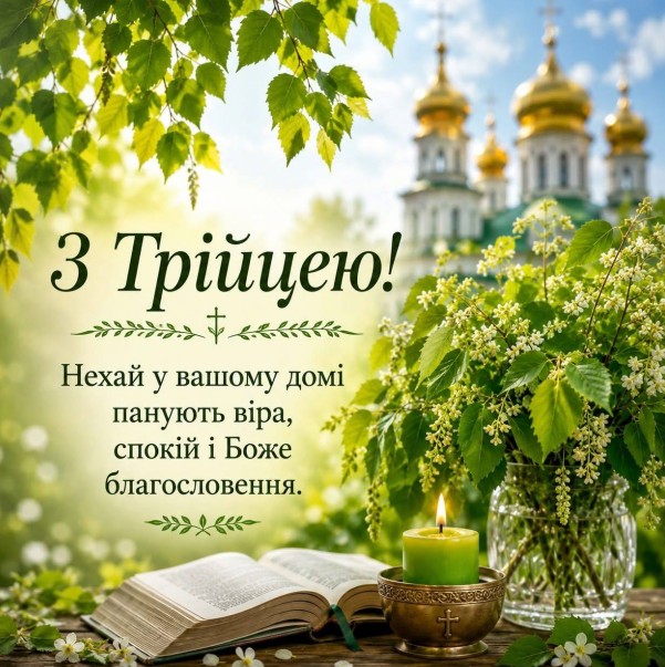Вітальна листівка на Зелені свята (Трійцю) з побажаннями