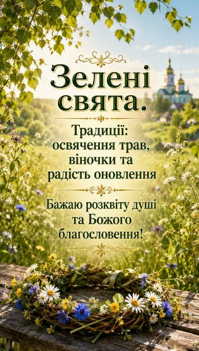 Вітальна листівка на Зелені свята: Трійця та квіти