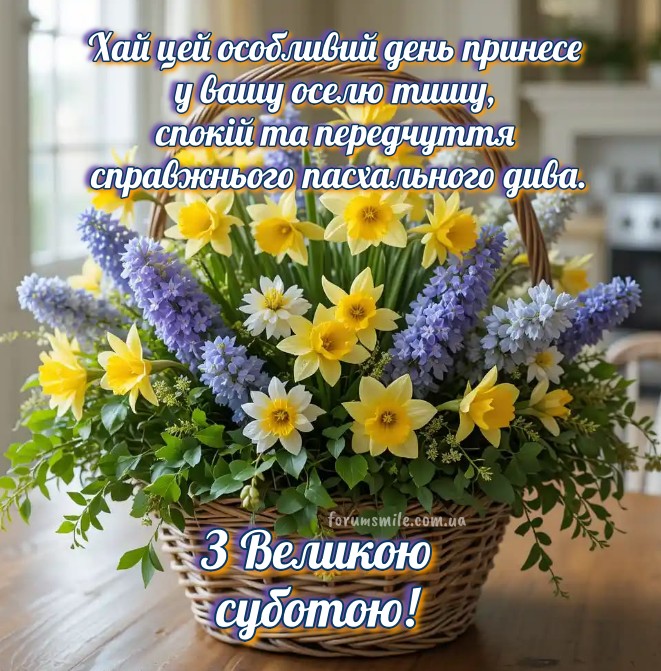 Листівка з Великодньою суботою, весняні квіти в кошику