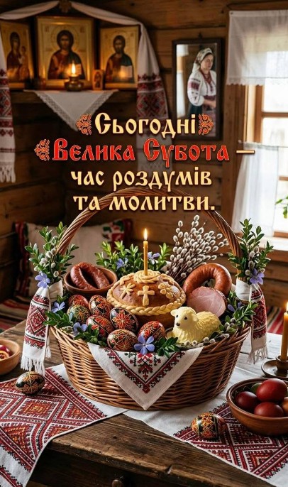 Листівка з Великодньою суботою: великодній кошик та молитва